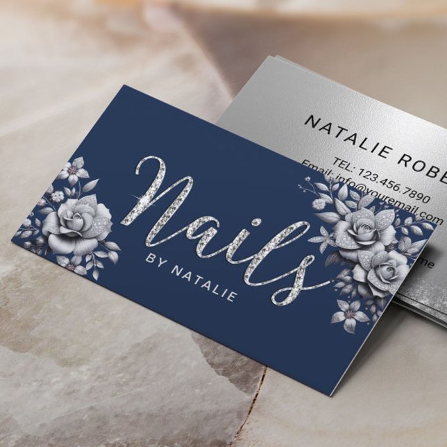 Nail Artist Diamond Typography Silver Floral Navy Business Card (Creator Uploaded)