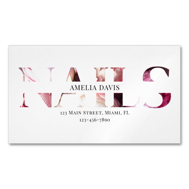 Nail Artist Elegant Floral White Pink Manicurist  Magnetic Business Card (Front)