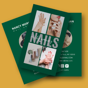 Nail Artist Emerald Green Vertical 4 Photo Grid Business Card