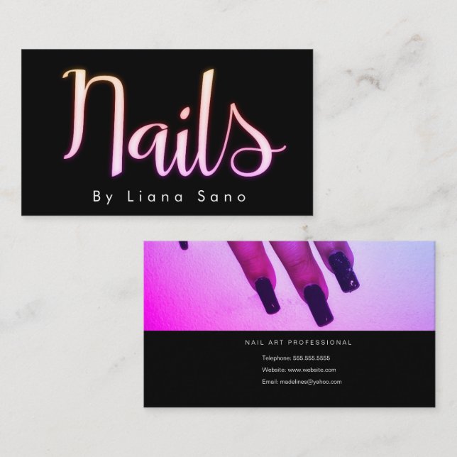 Nail Artist Glow Script and Photo Salon Pink Business Card (Front/Back)