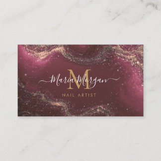 Nail Artist Luxury Burgundy Agate Gold Monogram  Business Card