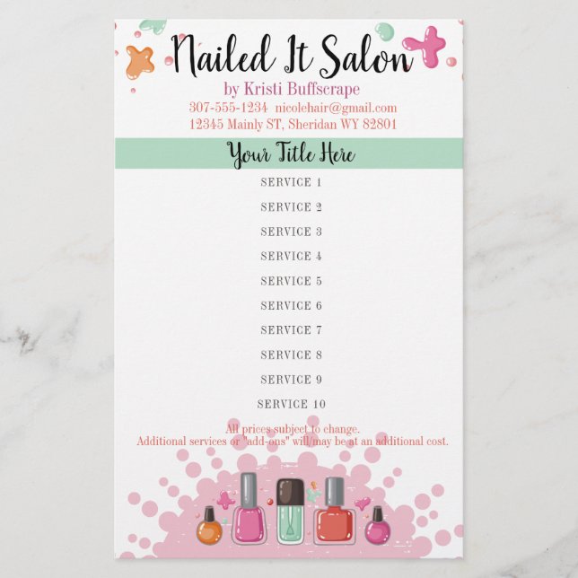 Nail artist manicure pedicure salon price list flyer (Front)