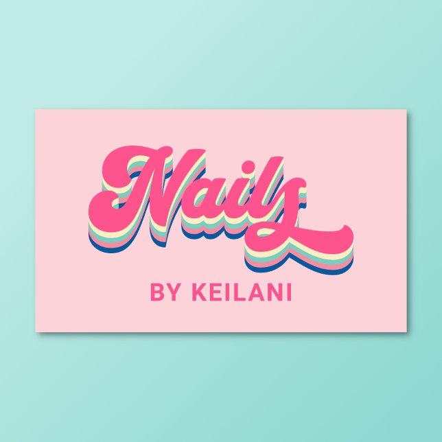 Nail Artist Nails By Groovy Retro Colourful Stylis Business Card (Nails business card on a turquoise background. )