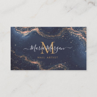 Nail Artist Navy Blue Agate Gold Monogram Business Card