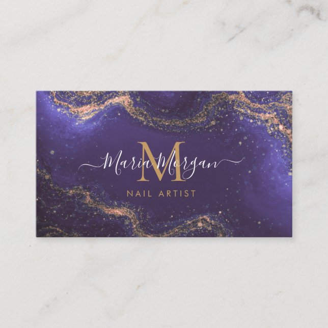 Nail Artist Purple Agate Gold Monogram Business Card (Front)