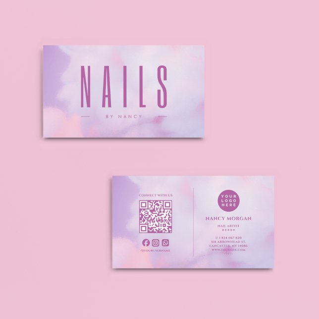 Nail Artist QR Code & Logo Purple Holographic  Business Card (Creator Uploaded)