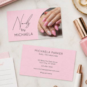 Nail Artist Salon Pink Script Typography Photo Business Card