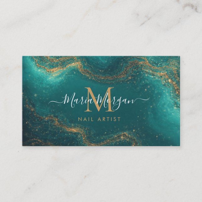 Nail Artist Turquoise Teal Agate Gold Monogram Business Card (Front)