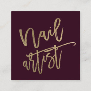 Nail artist typography gold burgundy typography square business card