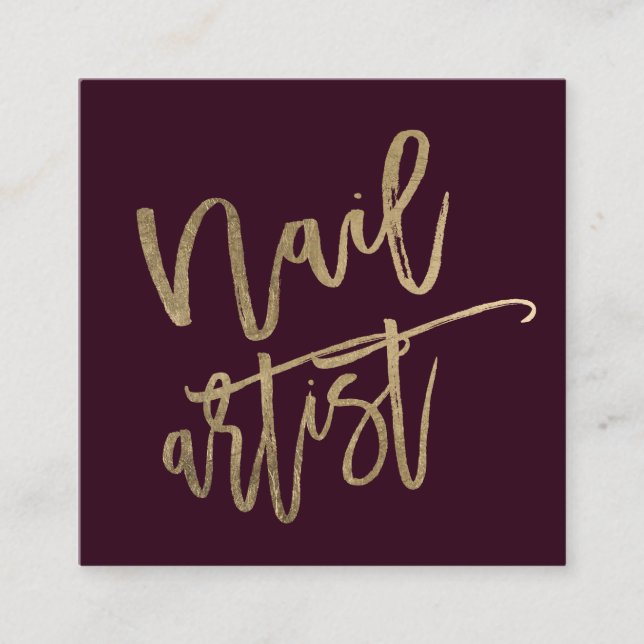 Nail artist typography gold burgundy typography square business card (Front)