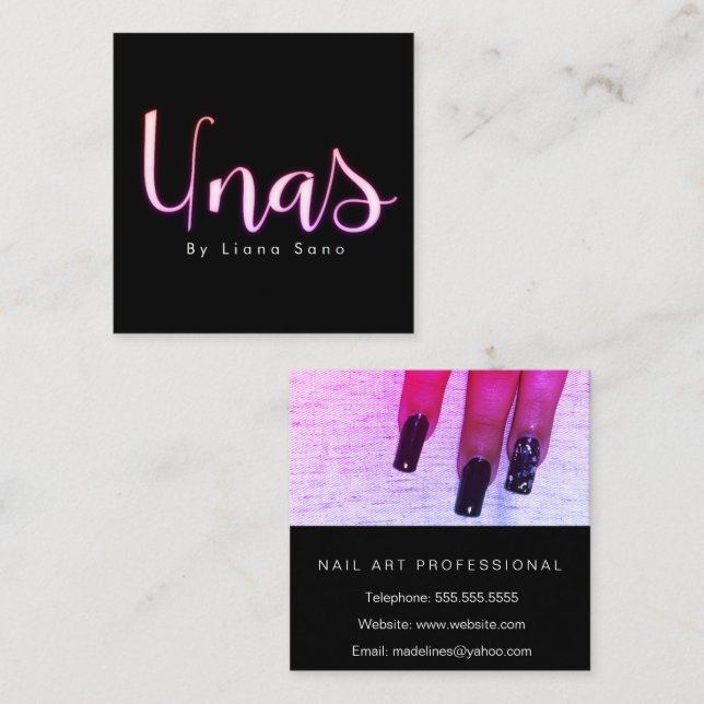 Nail Artist Unas Glow Script and Photo Salon Pink Square Business Card (Front/Back)