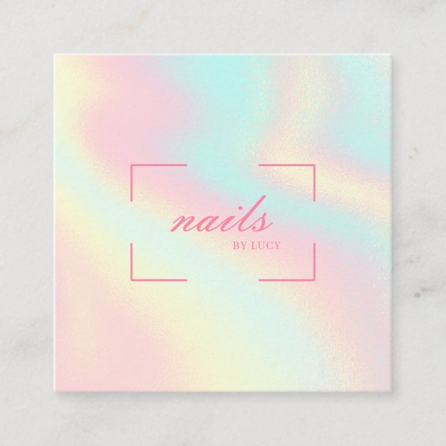 Nail Bar Lady Boss Salon Pastel Holographic Square Business Card (Front)
