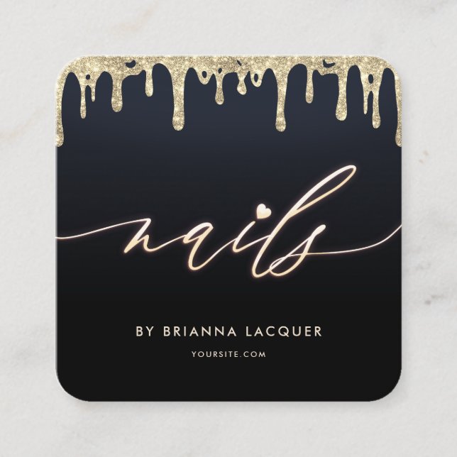 Nail Beauty Salon Nails Art Manicure Gold Drip Square Business Card (Front)