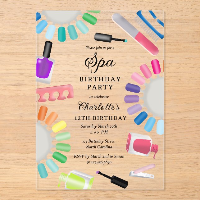 Nail Manicure Pedicure Mani Pedi Girl Spa Birthday Acrylic Invitations (Front)
