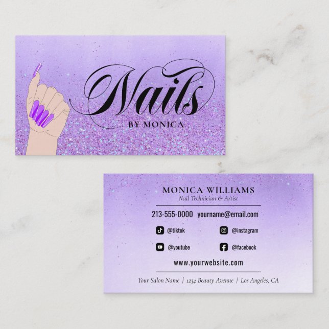Nail Manicure Tech Purple Glam Glitter Beauty Shop Business Card (Front/Back)