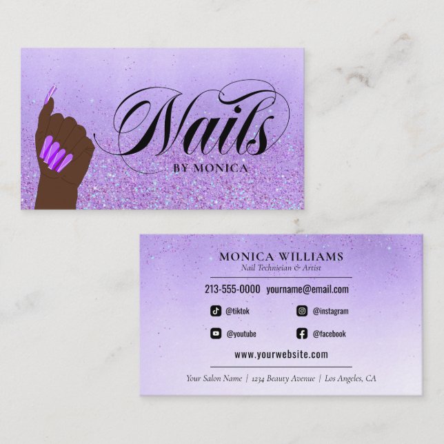 Nail Manicure Tech Purple Glam Glitter Nail Salon Business Card (Front/Back)