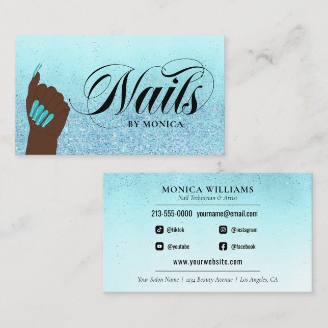 Nail Manicurist Tech Turquoise Glam Glitter Salon  Business Card (Front/Back)