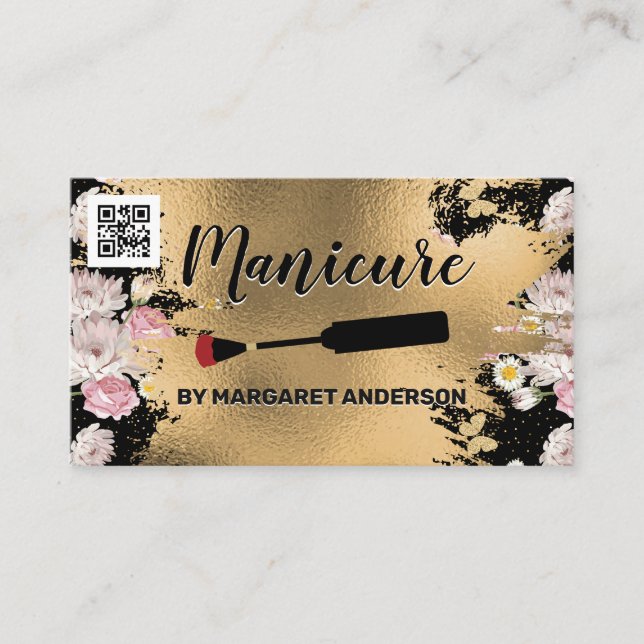 Nail Polish Brush | Gold and Flowers | qr Code Appointment Card (Front)