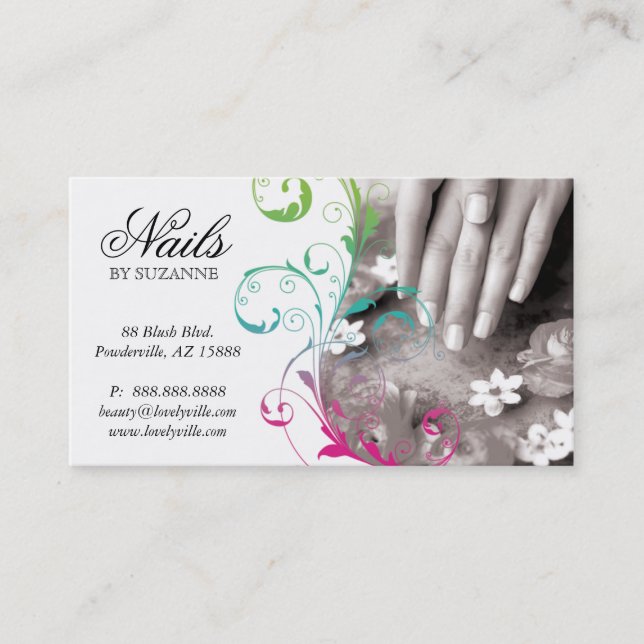 Nail Salon Business Card Pink Green (Front)