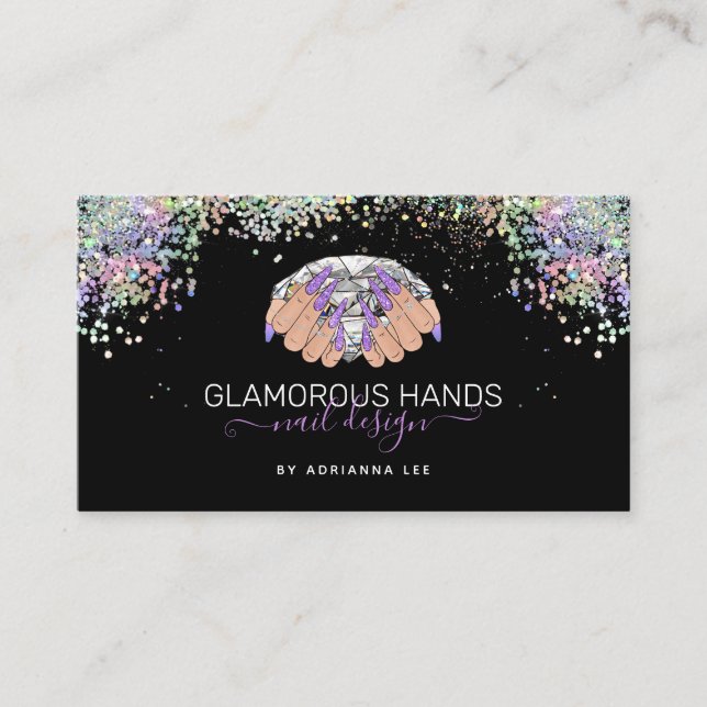 Nail Salon Diamond Hands Purple Glitter Nail Tech  Business Card (Front)