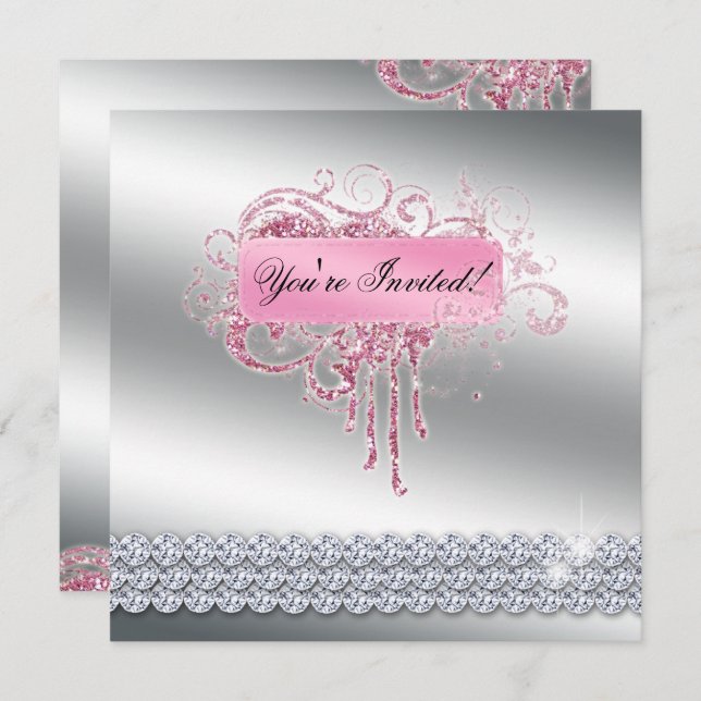 Nail Salon Elegant Pink Glitter Bling Invitation (Front/Back)