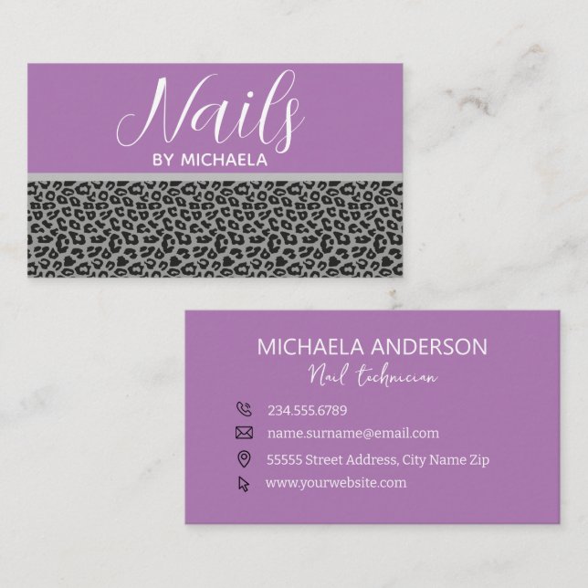 Nail Salon Girly Purple Grey Leopard Animal Print  Business Card (Front/Back)