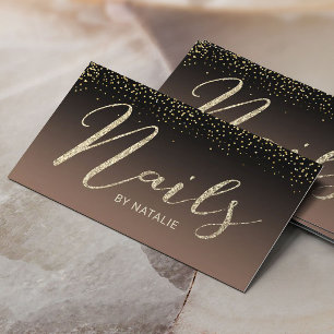 Nail Salon Gold Glitter Typography Black & Beige Business Card