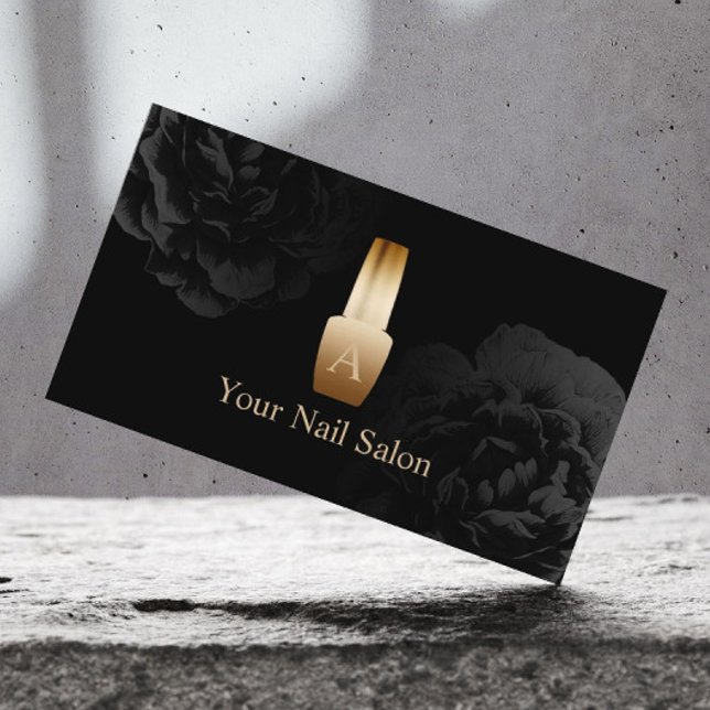 Nail Salon Gold Polish Bottle Elegant Black Floral Business Card (Creator Uploaded)