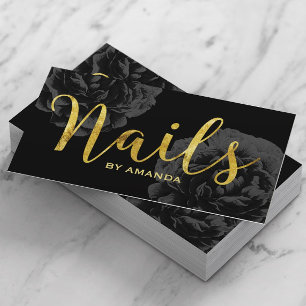 Nail Salon Gold Script Elegant Black Floral Business Card