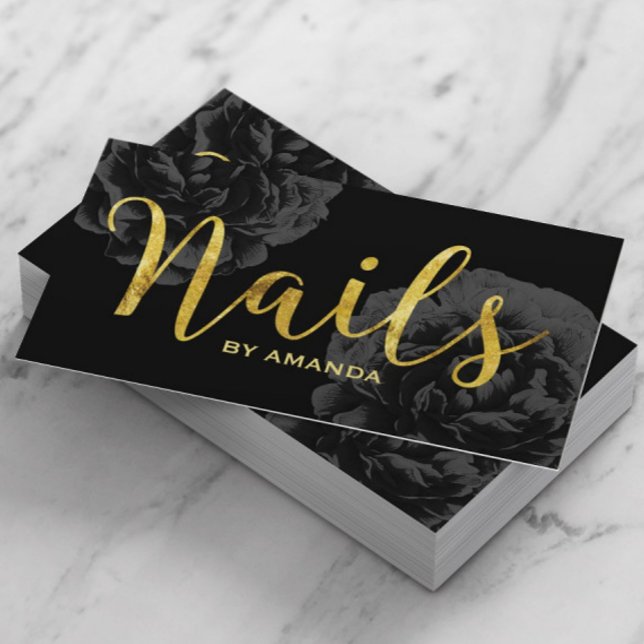 Nail Salon Gold Script Elegant Black Floral Business Card (Creator Uploaded)
