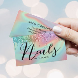 Nail Salon Holographic Glitter Drips Typography Business Card