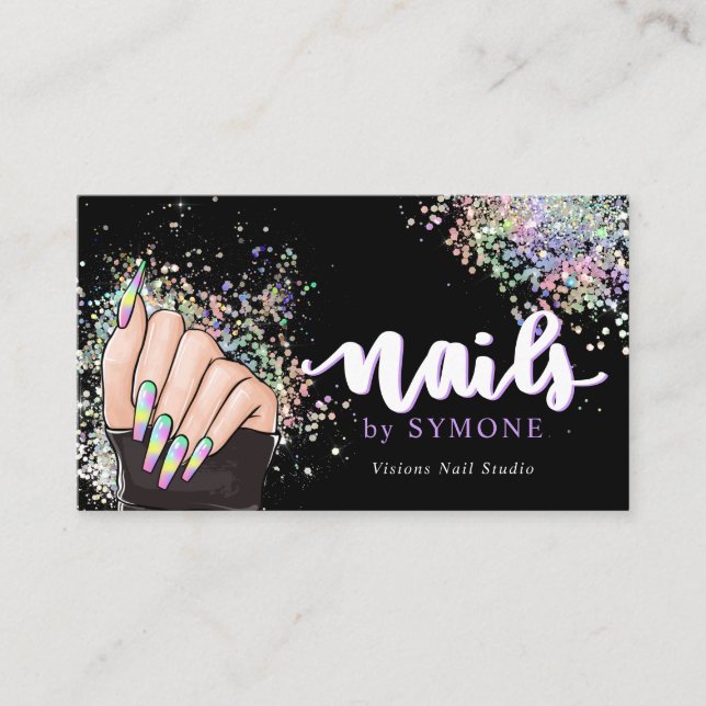 Nail Salon Holographic Glitter Nail Tech Beauty Business Card (Front)