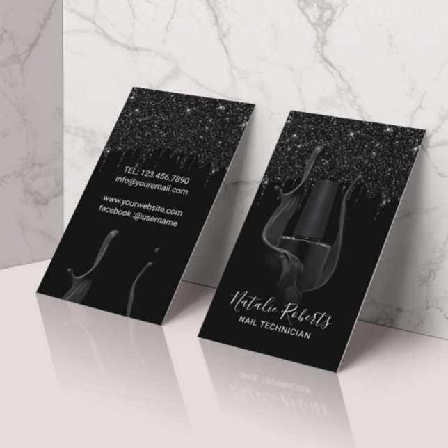 Nail Salon Manicurist Modern Black Glitter Drips Business Card (Creator Uploaded)