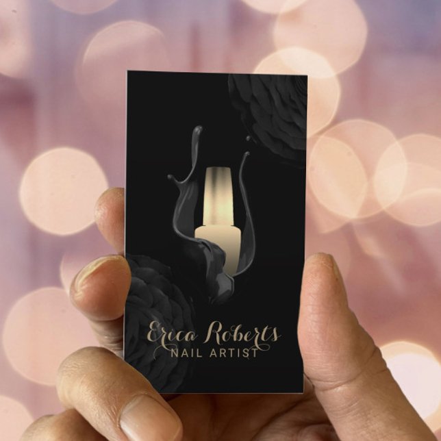 Nail Salon Manicurist Modern Black Gold Floral Business Card (Creator Uploaded)