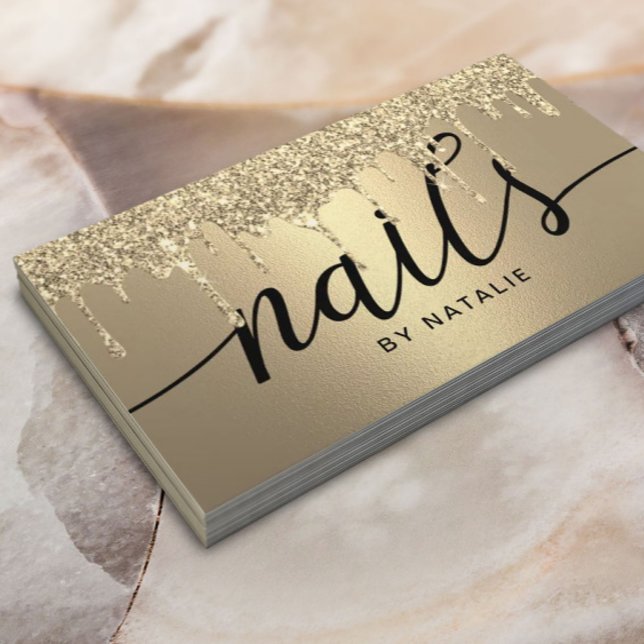 Nail Salon Modern Gold Glitter Drips Manicurist Business Card (Creator Uploaded)