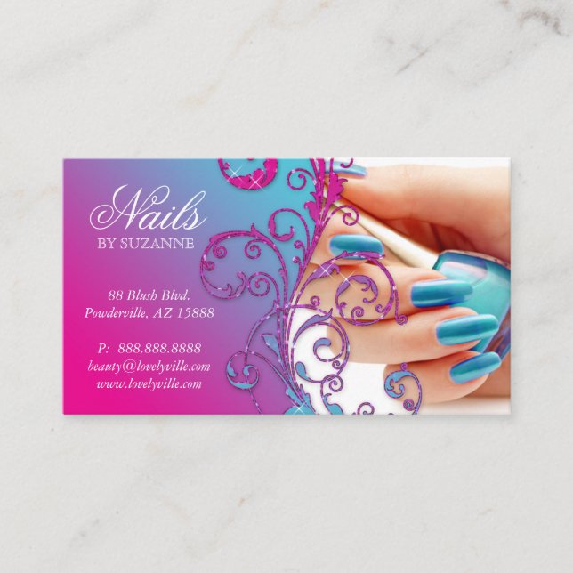 Nail Salon Modern Loyalty Card Glitter Blue Pink (Front)