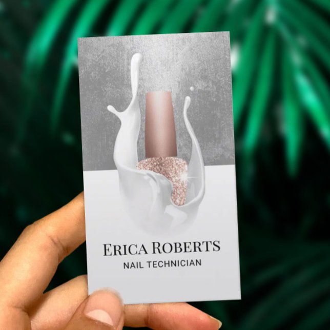 Nail Salon Modern Silver & White Splash Manicurist Business Card (Creator Uploaded)