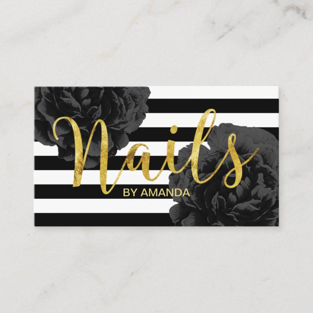Nail Salon Modern Stripes Elegant Black Floral Business Card (Front)