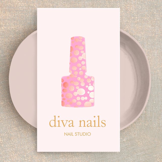 Nail Salon, Pink and Gold Manicurist Polish Bottle Business Card (Creator Uploaded)