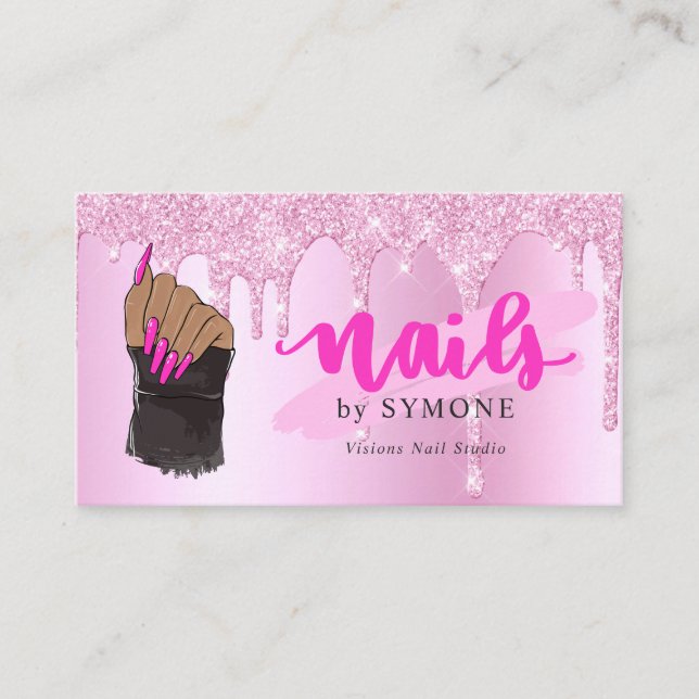 Nail Salon Pink Diamond Dripping Glitter nail Tech Business Card (Front)