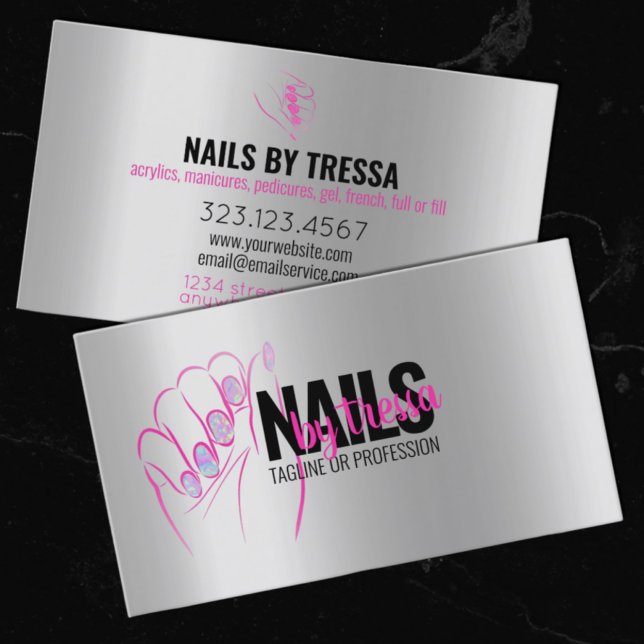 Nail Salon Platinum, Iridescent + Hot Pink Glitter Business Card (Creator Uploaded)
