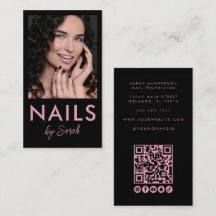 Nail Salon QR Code Photo Script Pink Black Business Card