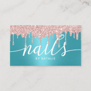 Nail Salon Rose Gold Drips Turquoise Typography Business Card