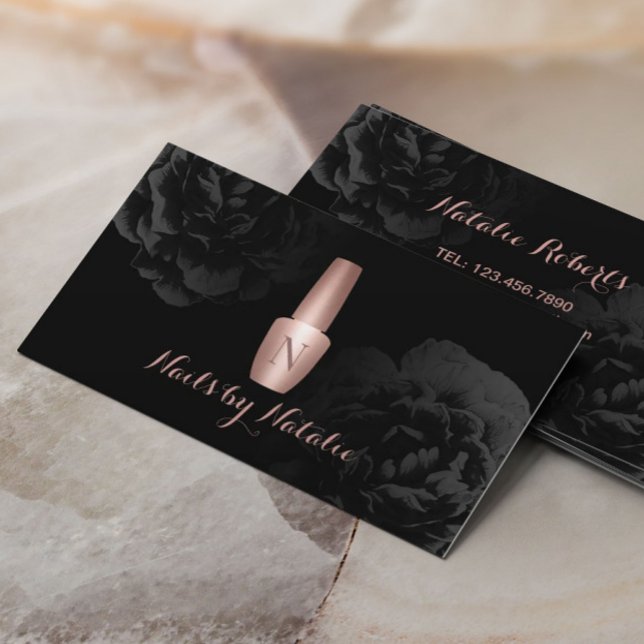 Nail Salon Rose Gold Polish Bottle Black Floral Business Card (Creator Uploaded)