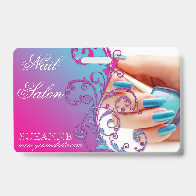 Nail Salon Technician Floral Damask Pink Blue  ID Badge (Front)