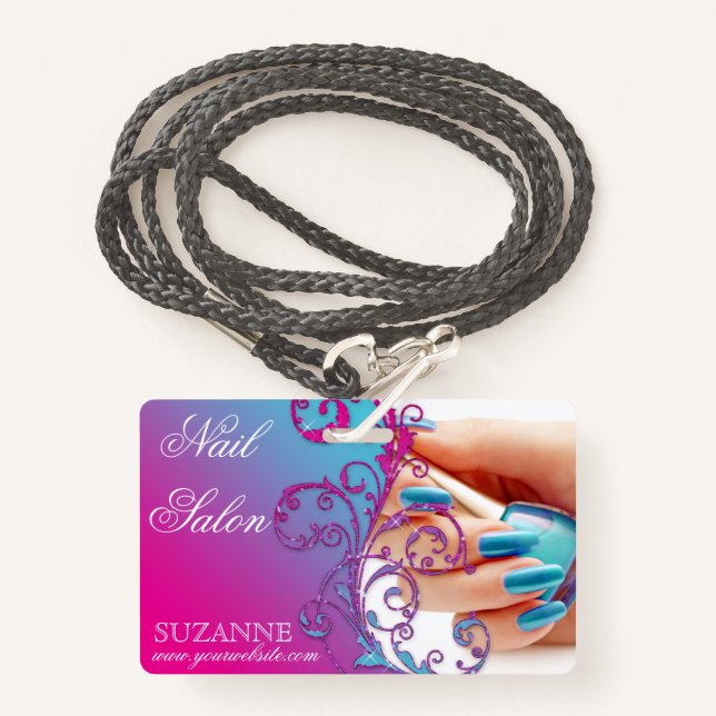 Nail Salon Technician Floral Damask Pink Blue  ID Badge (Front with Lanyard)