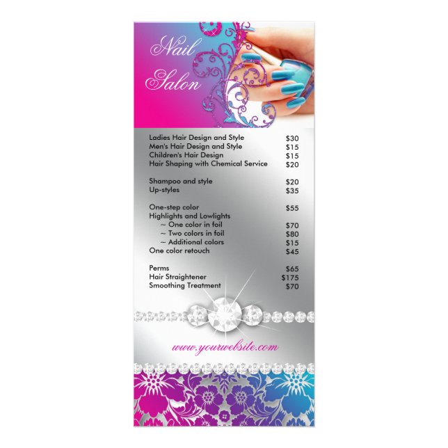 Nail Salon Technician Floral Damask Pink Blue Rack Card (Front)