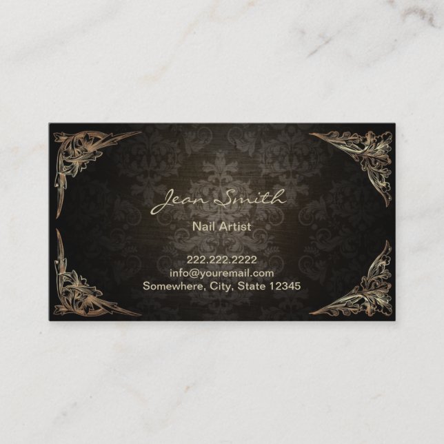 Nail Salon Vintage Framed Dark Damask Business Card (Front)