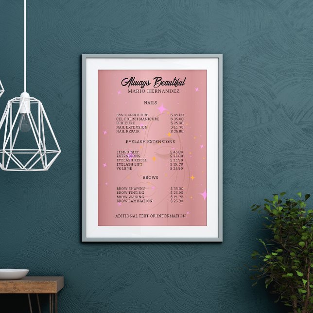 Nail Tech Aesthetician Price List Rose Gold Poster (Nail Tech Esthetician Price List Rose Gold Poster)