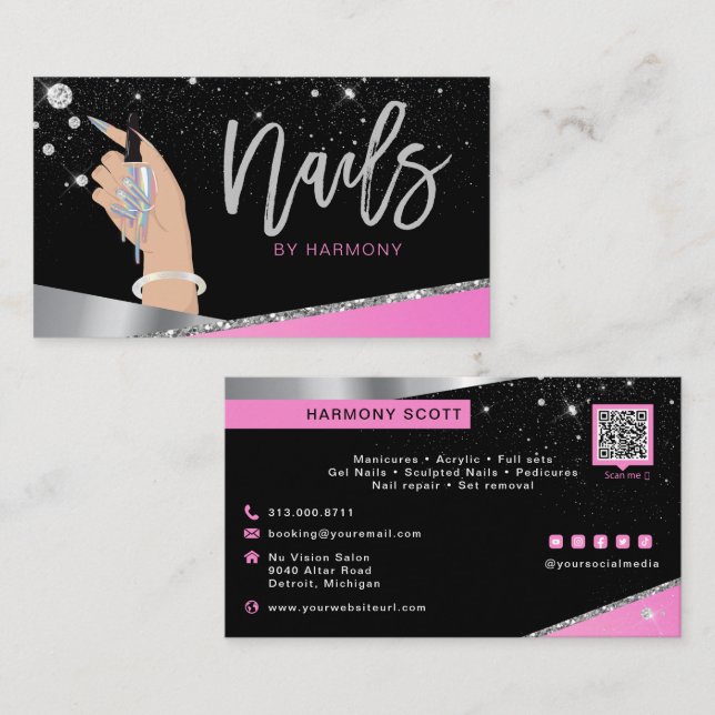 Nail Tech Artist Glam Pink Silver Diamond Salon Bu Business Card (Front/Back)
